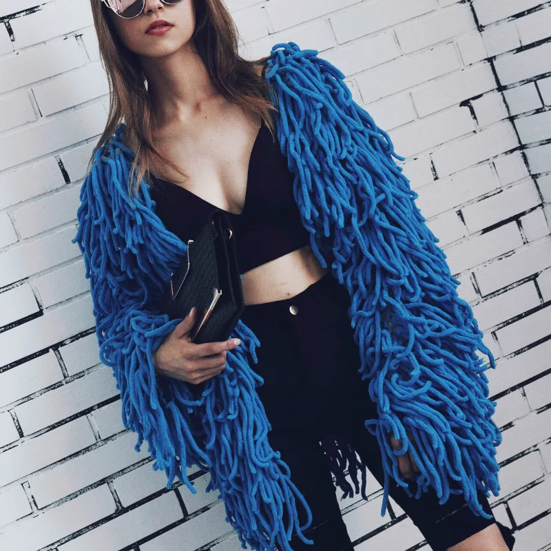 Woman woven Coarse wool jacket Long Tassels Knitted Fringed Jacket Crocheted Hollow Cardigan Long Wool tassels Coat Knit Tops