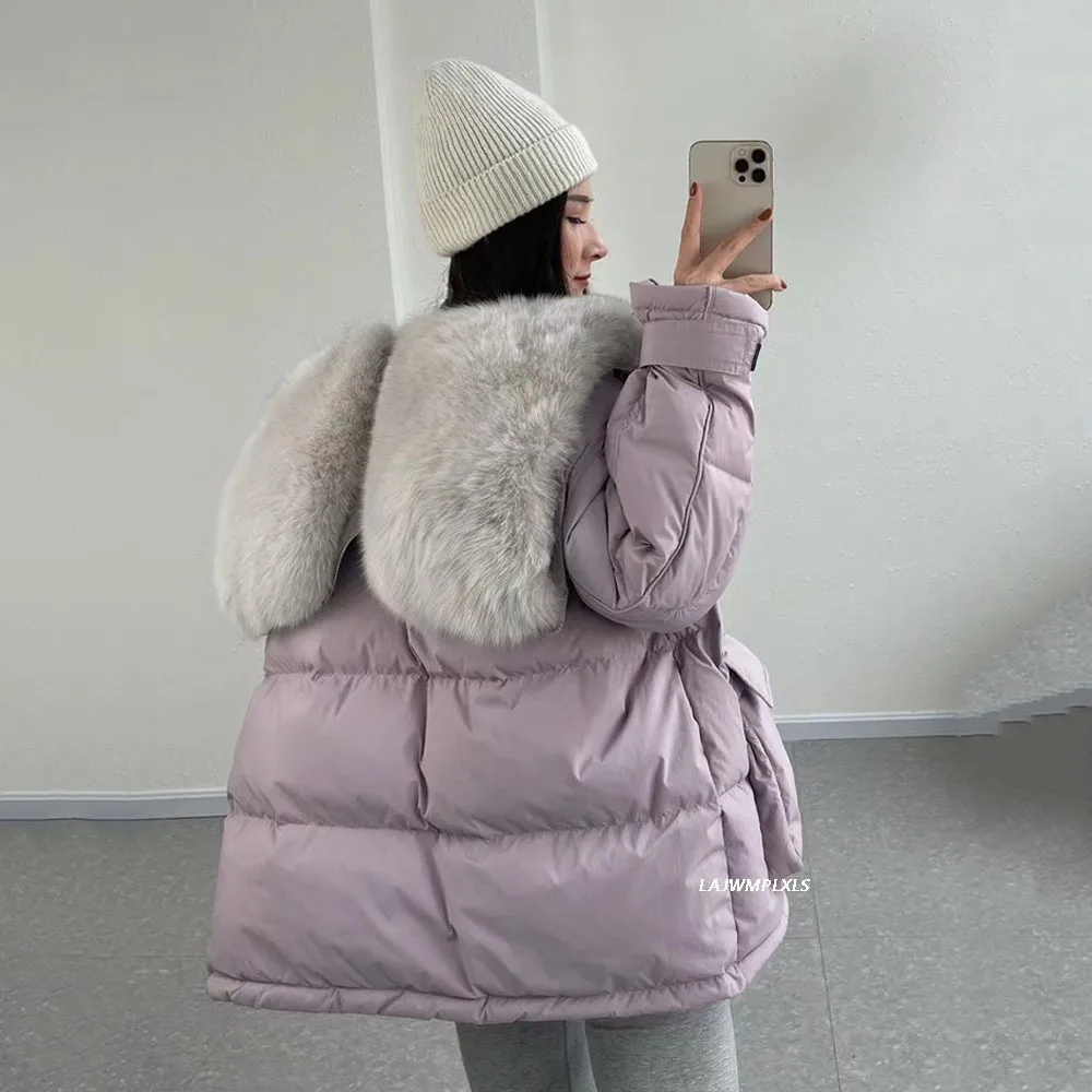 2022 Winter Women Real Fox Fur 90% White Duck Down Coat Female Thick Hooded Puffer Jacket With Big Natural Fur