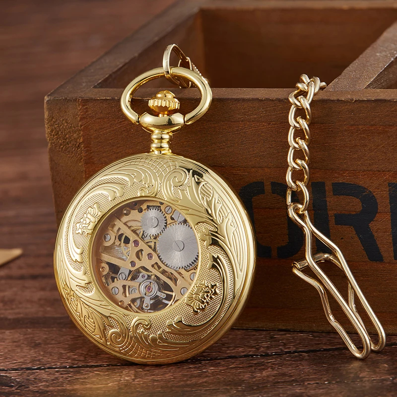 Fashion Unique Design Steampunk Skeleton Mechanical Pocket Watch Men Antique Luxury Brand Necklace Pocket & Fob Watches Chain Ma