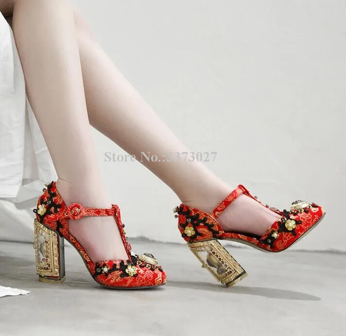 Jewelry Flower Chunky Heel Mary Jeans Shoes Woman Round Toe Rhinestone Unique Design Heel Crystal Pumps Shoes Lady Wedding Shoes