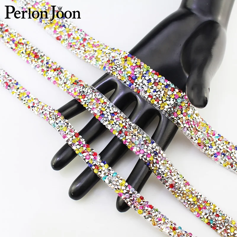 1cm 1Yard Multicolor Resin Motif Crystal Rhinestone Tape Trim Hot Fix Ribbon Iron On Appliques For Dress Shoe Decoration TR003