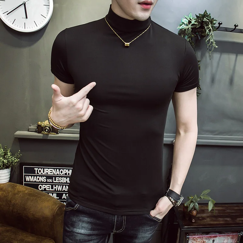 

Summer Sexy Turtleneck Silk T Shirts For Mens Slim Fit Stretch Soft Smooth Tees Mens Skinny Classic Sporty Tops White Clothes