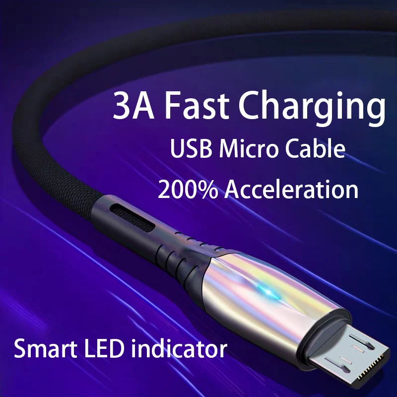 3A Fast Chargin USB Micro Cable for Samsung Xiaomi Huawei V8 Phone Accessories Data Cable Charger USB Cable With LED Indicator