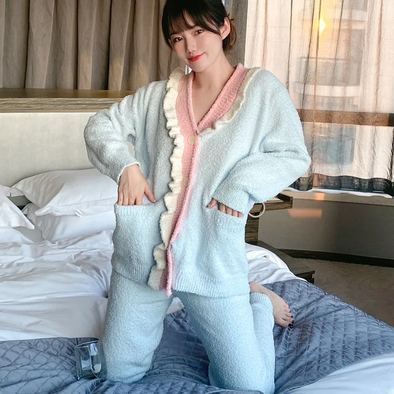 

Warm Winter Pajamas Set Sleepwear Feather Yarn Knitted Nightwear Soft Home Wear Women's Pyjama Cartoon Pijamas Suit
