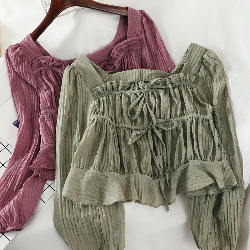 2024 Women Lantern Sleeve Square Collar Basic Soft Ruffles Shirt Lady Short Elastic Slim Bandage Strap Lace Up Chic Blouse Tops