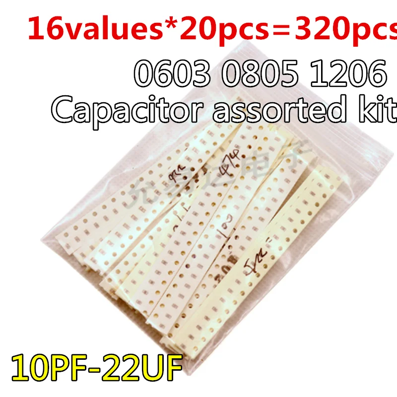 16values*20pcs=320pcs 0603 0805 1206 SMD Capacitor assorted kit 10PF-22UF 10P  22P 33P 47P  220P 470P 102M Samples kit