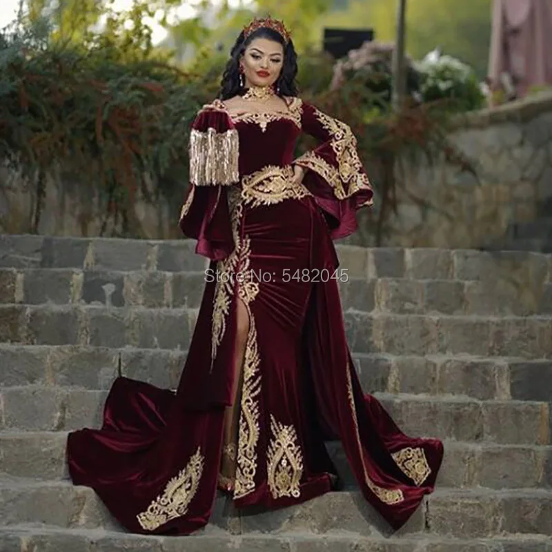 LORIE Moroccan Caftan Arabic Evening Dress with Detachable Train Appliques Gold Lace Long Sleeve Mermaid Velvet Prom Party Gowns