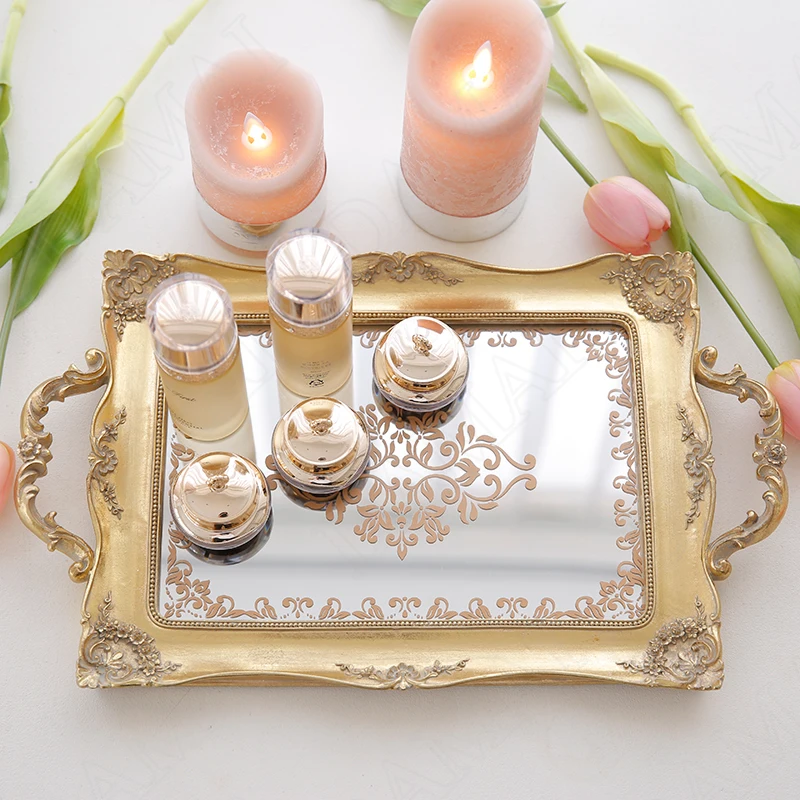 European Resin Storage Tray Embossed Border Mirror Bedroom Cosmetic Container Afternoon Tea Cake Organizer Home Decoration