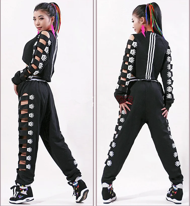 Jazz Dance Costumes Black Sexy Openwork Top Pants Women Cheerleading Clothing Nightclub Pole Dancewear Stage Rave Outfit