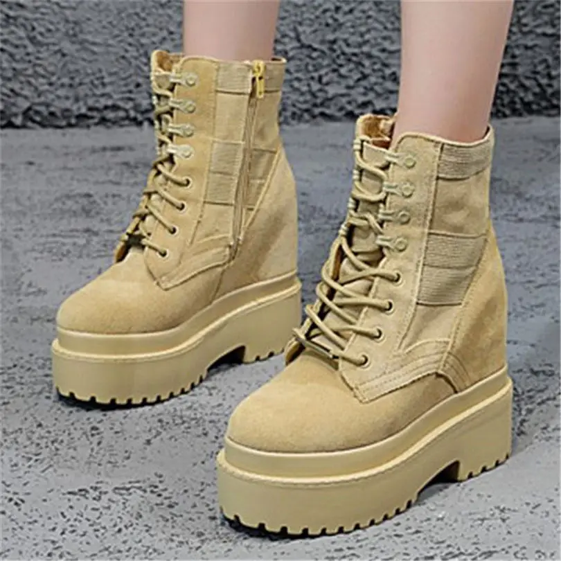 Military Women Suede Leather Ankle Boots Platform Wedge High Heel Buckle Lace Up Combat Oxfords Creepers Punk Goth Casual Party