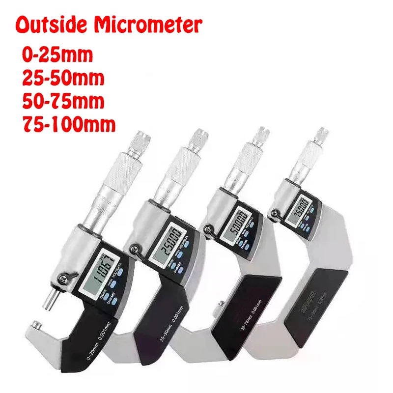 Micrómetro Digital exterior de 0,001mm, 0-25mm, 25-50mm, 50-75mm, 75-100mm, micrómetro electrónico, calibre, micrómetro de carburo