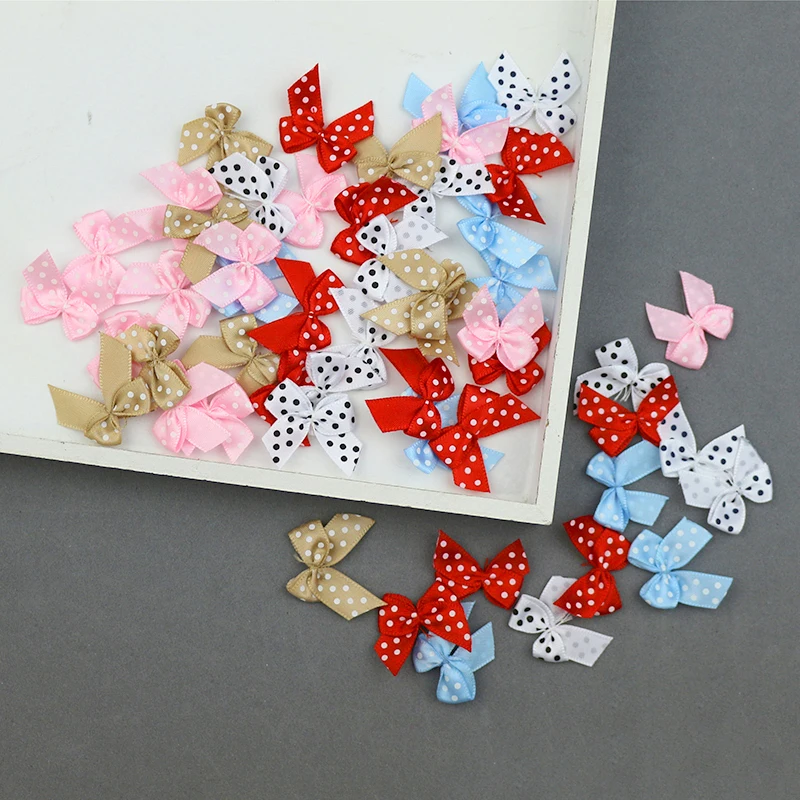 100Pcs Solid Color/Dots Satin Ribbon Bows DIY Craft Supplie Gift Packing Bowknots Hair Accessories Ornaments Sewing Appliques