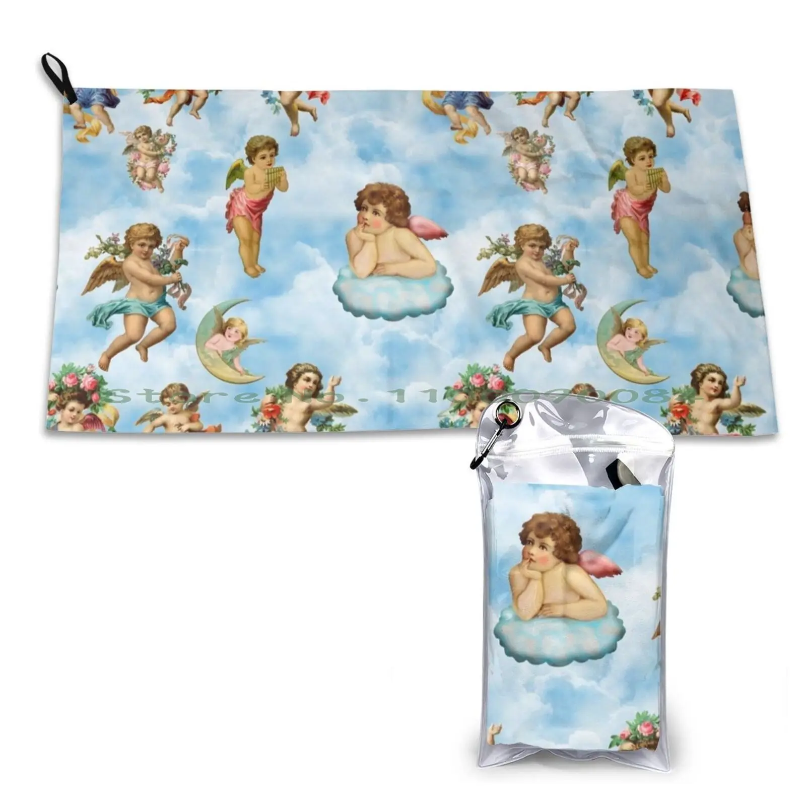 Angel Cherub Clouds Antique Quick Dry Towel Gym Sports Bath Portable Stripes Gold Anchor Pattern Royal Dark Blue Fishing For