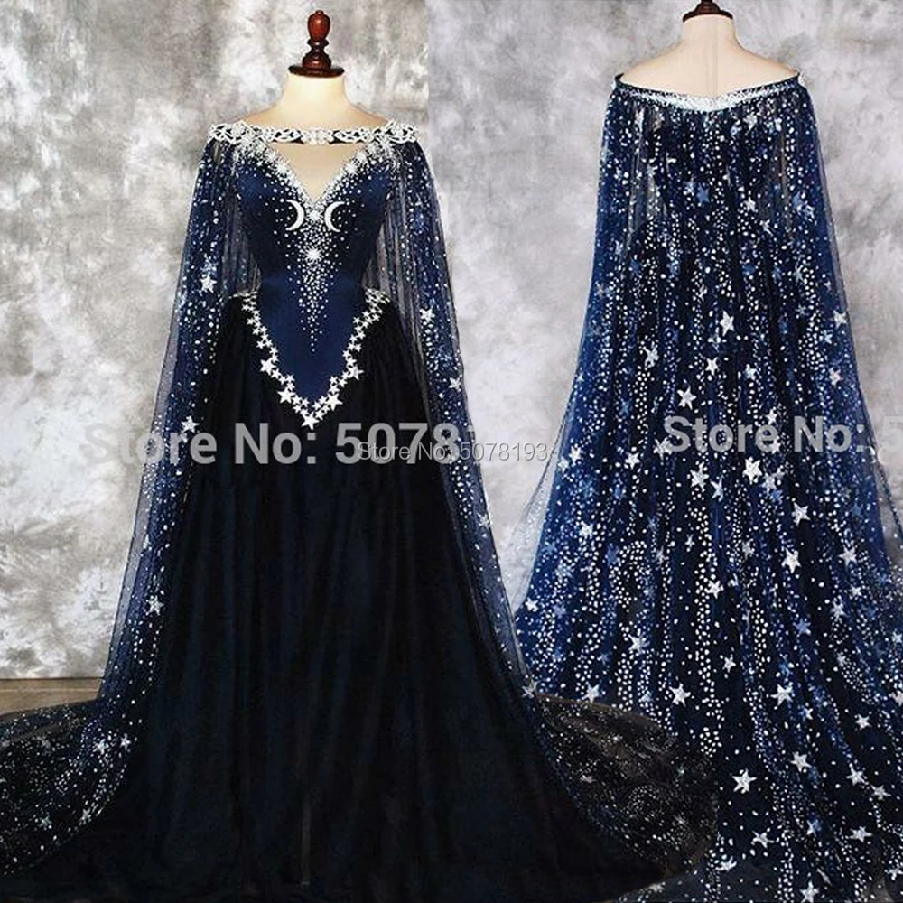 2019 V-Neck Off-The-Shoulder Sleeveless A-Line Floor-Length Tulle Coming-Of-Age Ceremony Dress Stars&Beading&Cloak