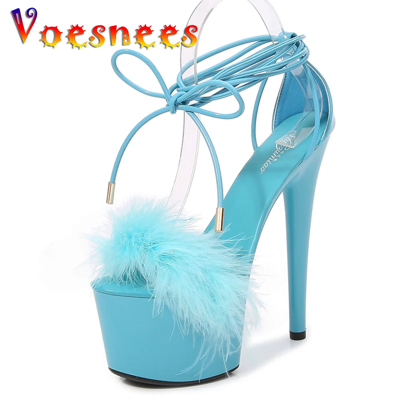 Voesnees Fur High Heel Platform Sandals Ladies Shoes 17cm Sexy Open Toe Wedding Dress Shoes Summer Sandals Female Gladiator Shoe