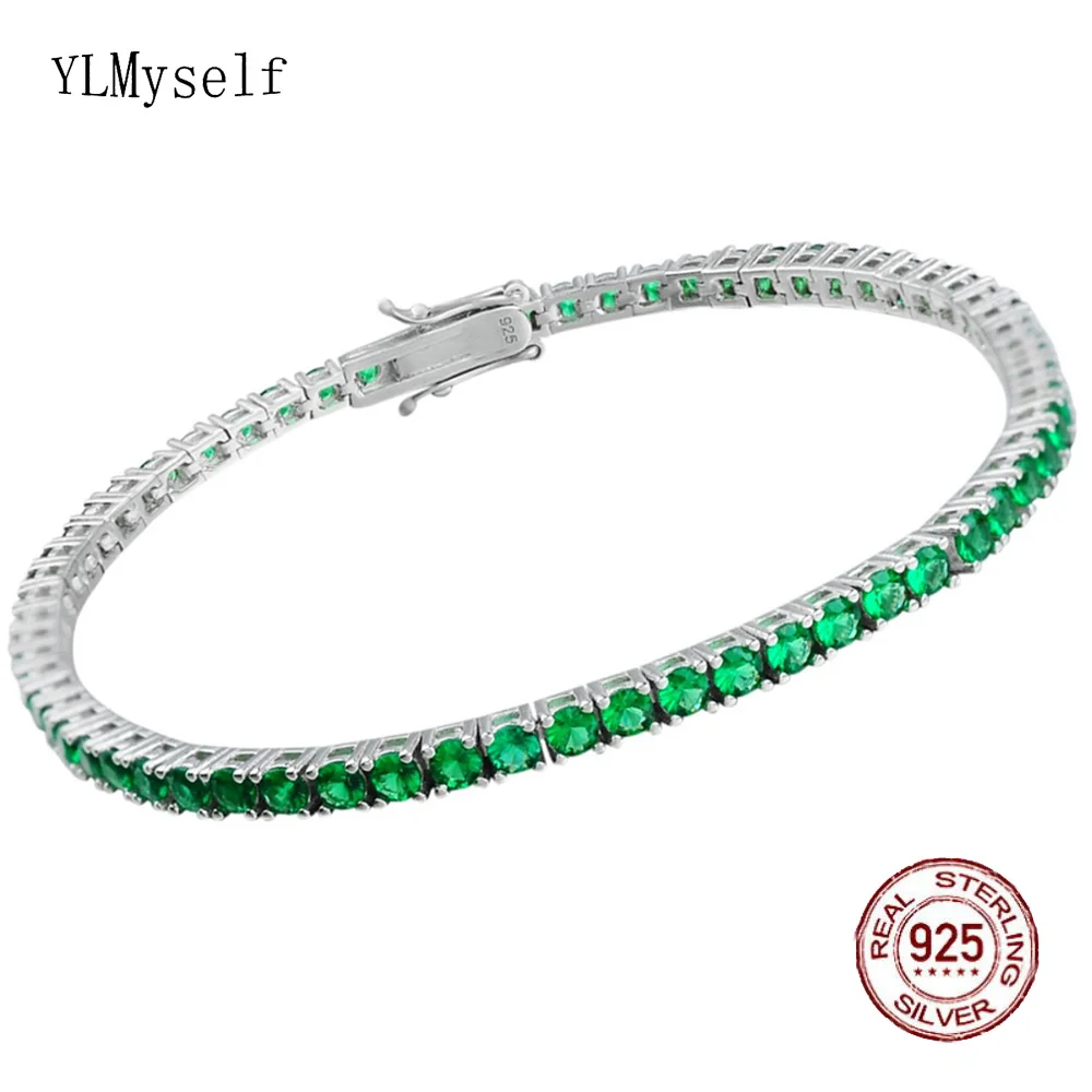 Real 925 Silver Metal Tennis Bracelet Pave 3MM Green Zircon 15-21 CM Hip Hop Rock Chain Fine Jewelry For Women/Men