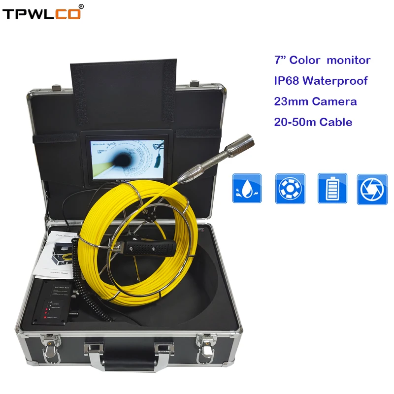 

20-50m Fiberglass Cable Industrial Sewer Pipe Inspection System 7" LCD Monitor 23mm Pipeline Endoscope Camera With 12pcs LEDS