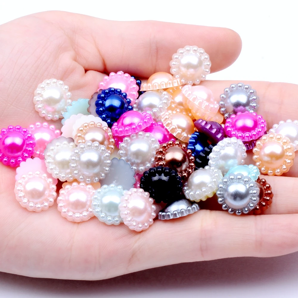 

New 1000pcs/Lot 12MM Wholesale Multicolor Flowers Shape Imitation Pearls Flatback Nonporous Half Round Beads For Jewelry Making