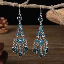 Fashion Ethnic Women's Crystal Flower Drop Tassel Long Earrings Wedding Jewelry Vintage Statement Bohemian Earrings Brincos