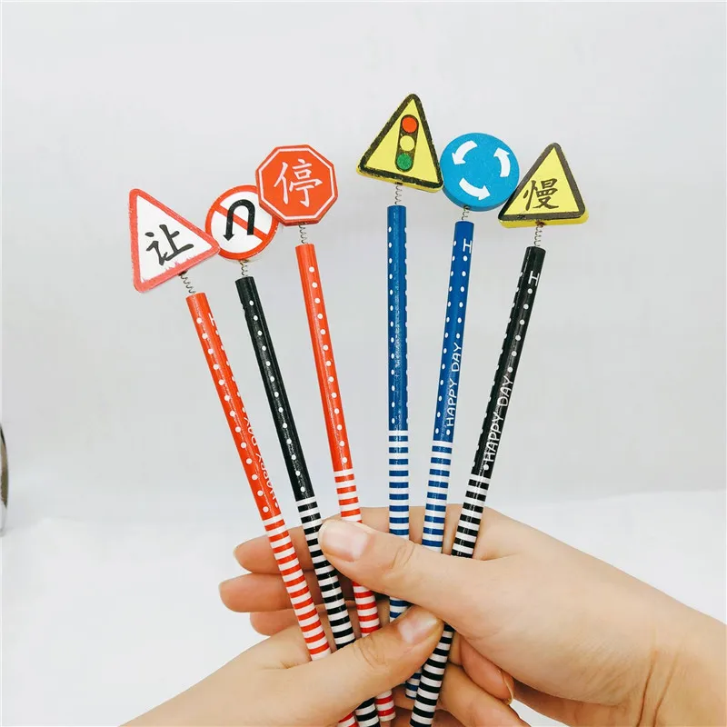 6PCS/Pack Cartoon Wooden Pencil Traffic Signal Pencils Children Writing Stationery Student School Office Stationery For Kid Gift