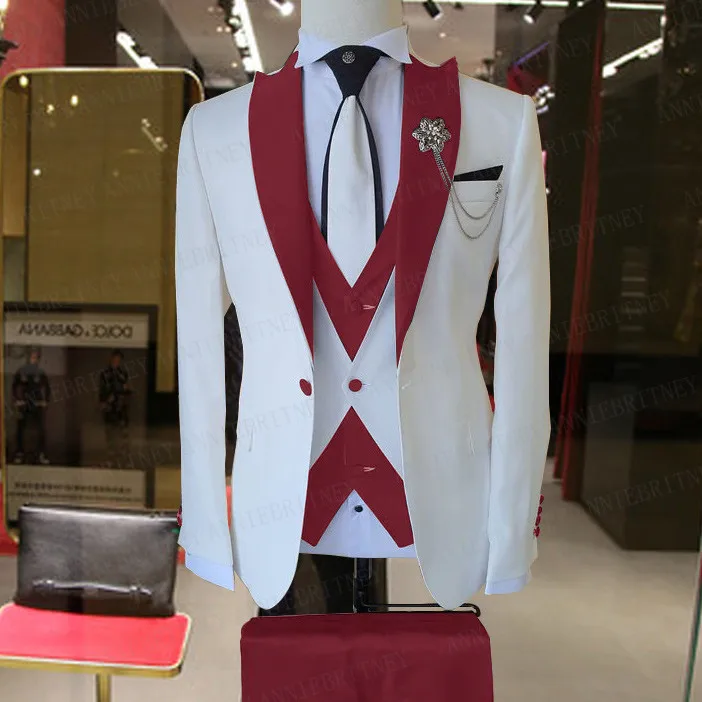 Traje ajustado de 3 piezas para hombre, conjunto de traje de boda para novio, chaqueta de negocios blanca, chaleco, pantalones dorados reales,