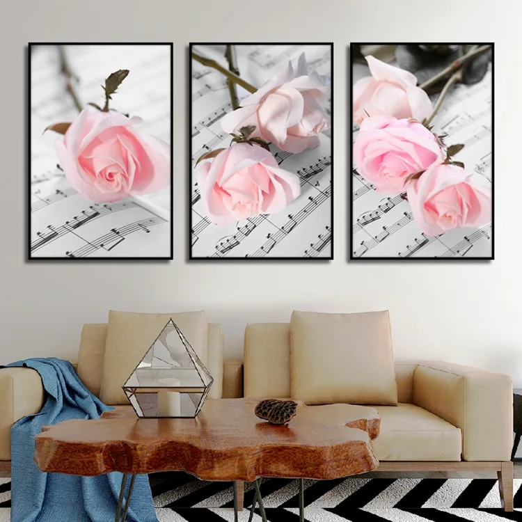 

Literary Flower Poster Romantic Pink Rose On Staff Print Canvas Painting Art Wall For Living Room Bedroom Home Decor