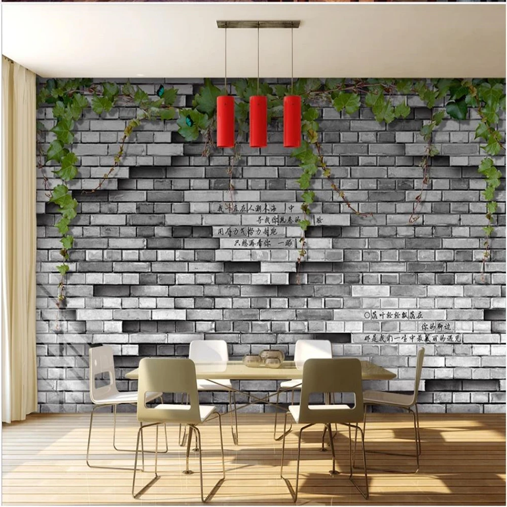 Personalized three-dimensional brick wall green vine cafe background wall brick wallpapers 3d wallpapers