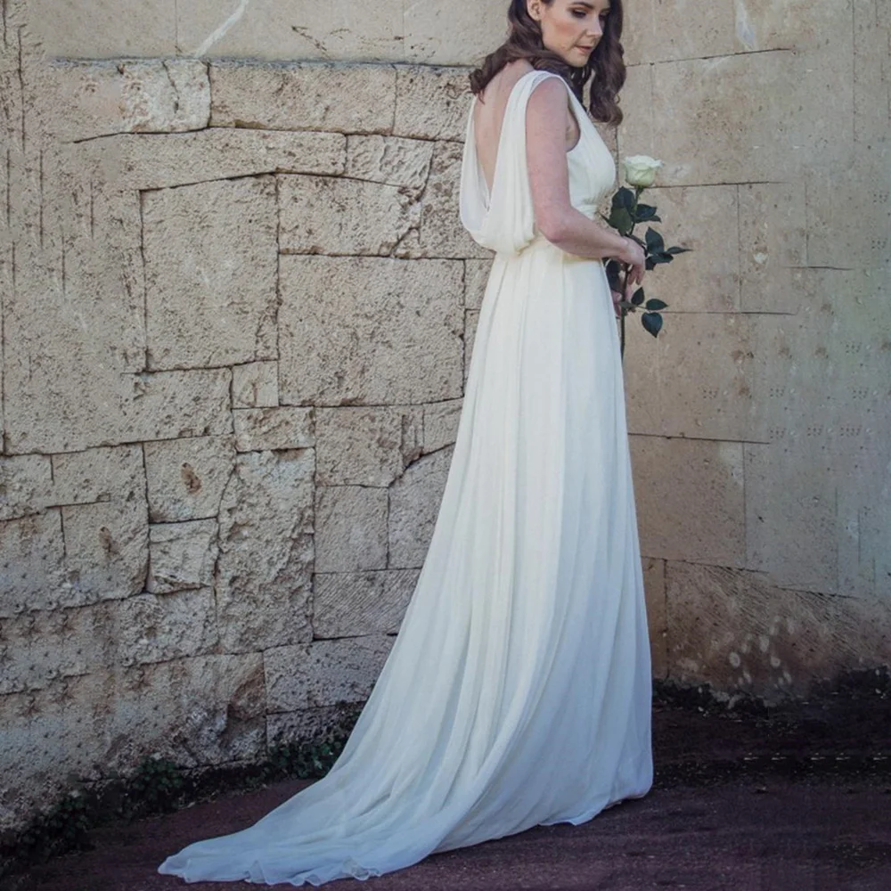 Vintage Griechischen Chiffon Hochzeit Kleider Backless V-ausschnitt, Ärmelloses Einfache Geraffte Brautjungfer Braut Kleid Hochzei EINE Linie Plus Größen