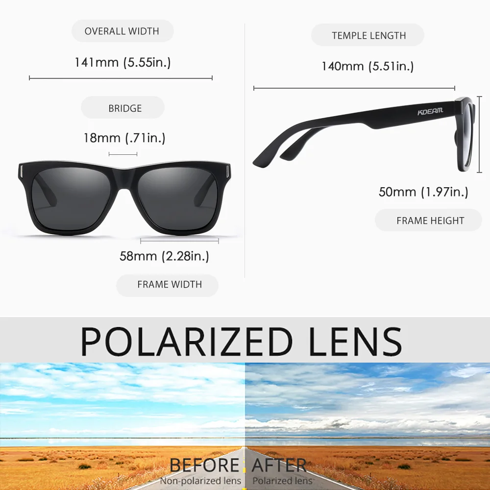 KDEAM-gafas de sol polarizadas cuadradas para hombre, lentes de sol con revestimiento multicolor, todos los tonos negros, caja con cremallera