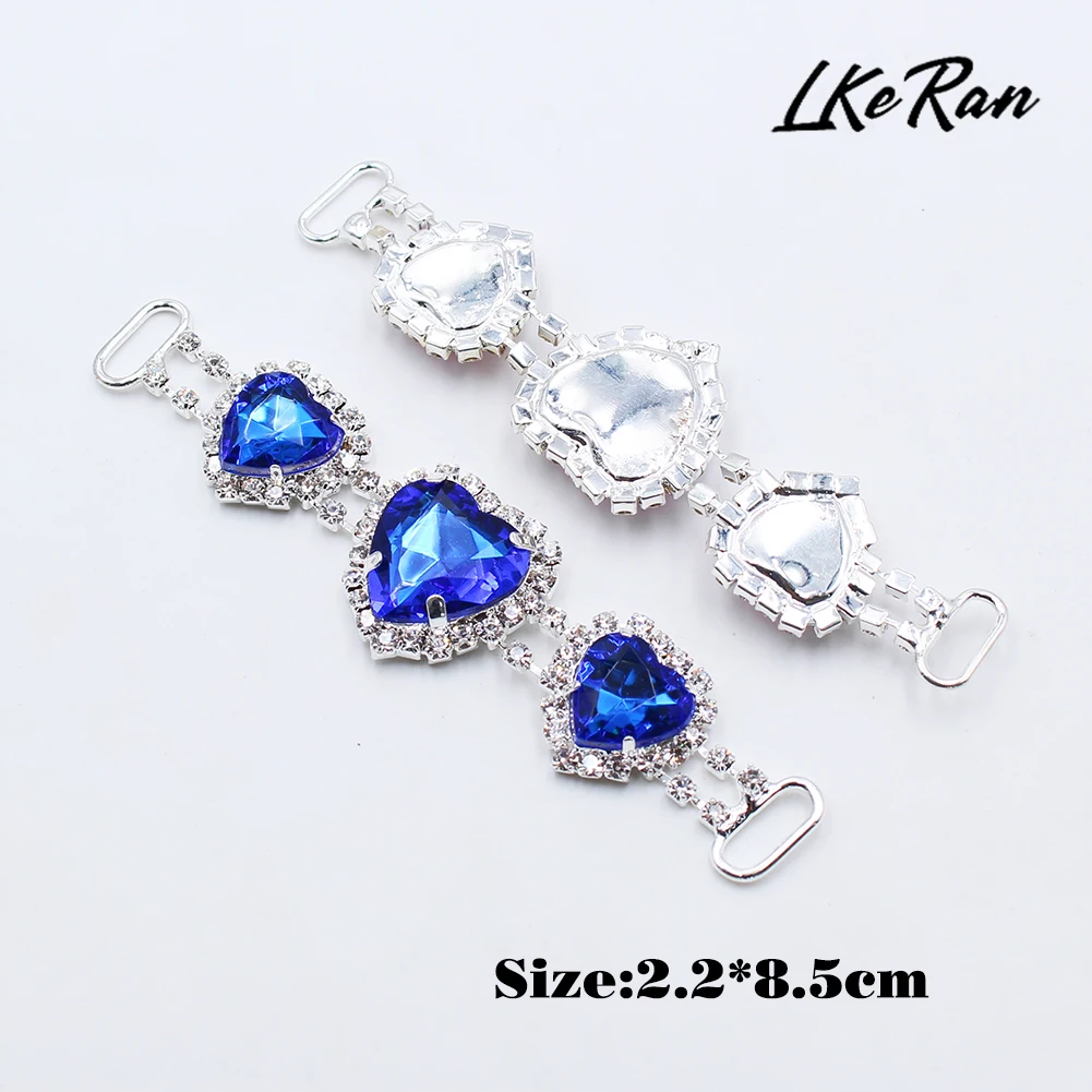 LKERAN 2Pc 2.2*8.5cm 13 colori cuore acrilico strass Bikini connettori fibbia catena di rame per abbigliamento/costumi da bagno/decorazioni di nozze