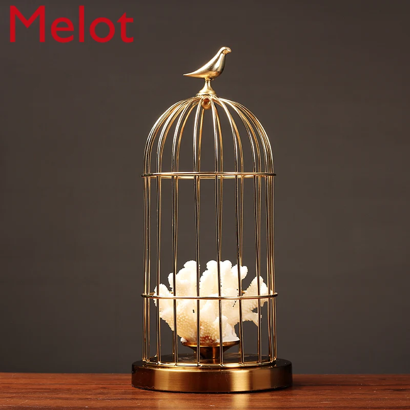 Chinese Style Half-Handmade Neoclassical Metal Birdcage Coral Living Room Home Desktop Decoration Gift