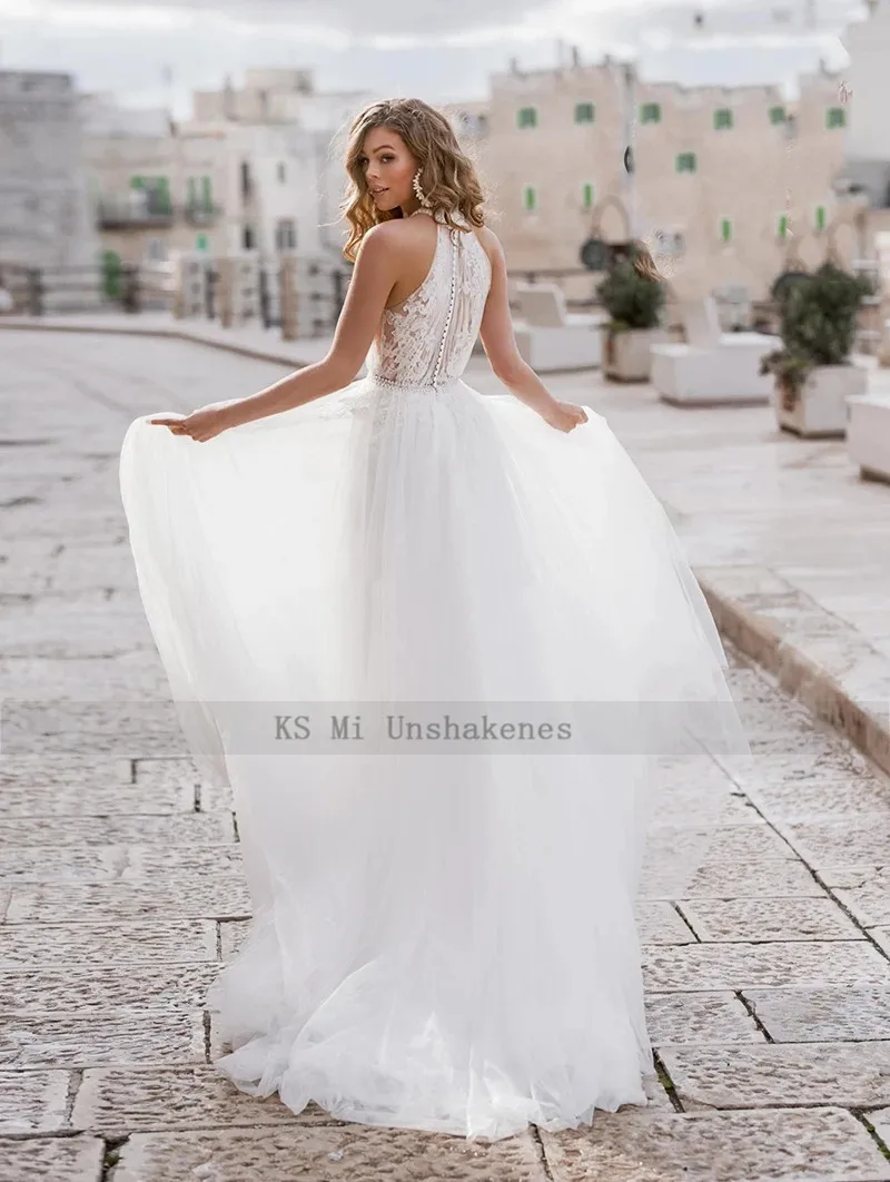 Abito da sposa Country Boho 2021 Robe de Mariage abiti da sposa in pizzo collo alto perle fusciacca abiti da sposa Vintage Applique Beach