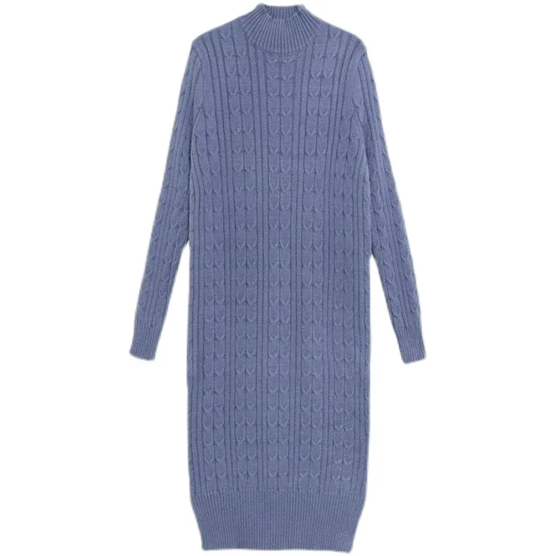 Mid-Length Knit Sweater Dress Women Winter 2022 Korean Streetwear Twist Base Dresses Half High Neck Elasticity Warm Dress Female