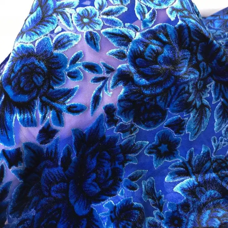 Blue Burnt Out Really Velvet Silk Fabric Clothing Cheongsam Dress Cloth Material Telas Tecido Tecidos