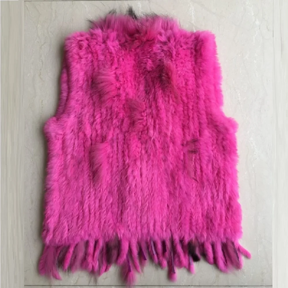 raccoon dog fur collar trim women knitted natural rabbit fur vest gilet/waistcoat high quality hot sale retail/wholesale