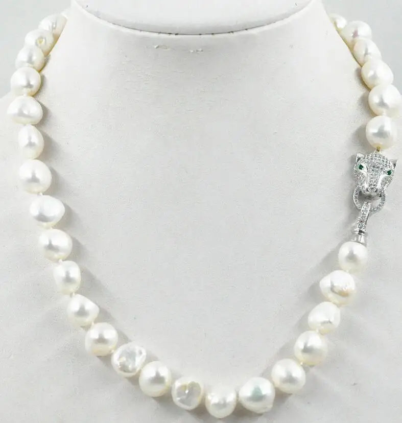 

HOT NEW 10-11mm south sea White baroque pearl necklace 18" leopard Clasp