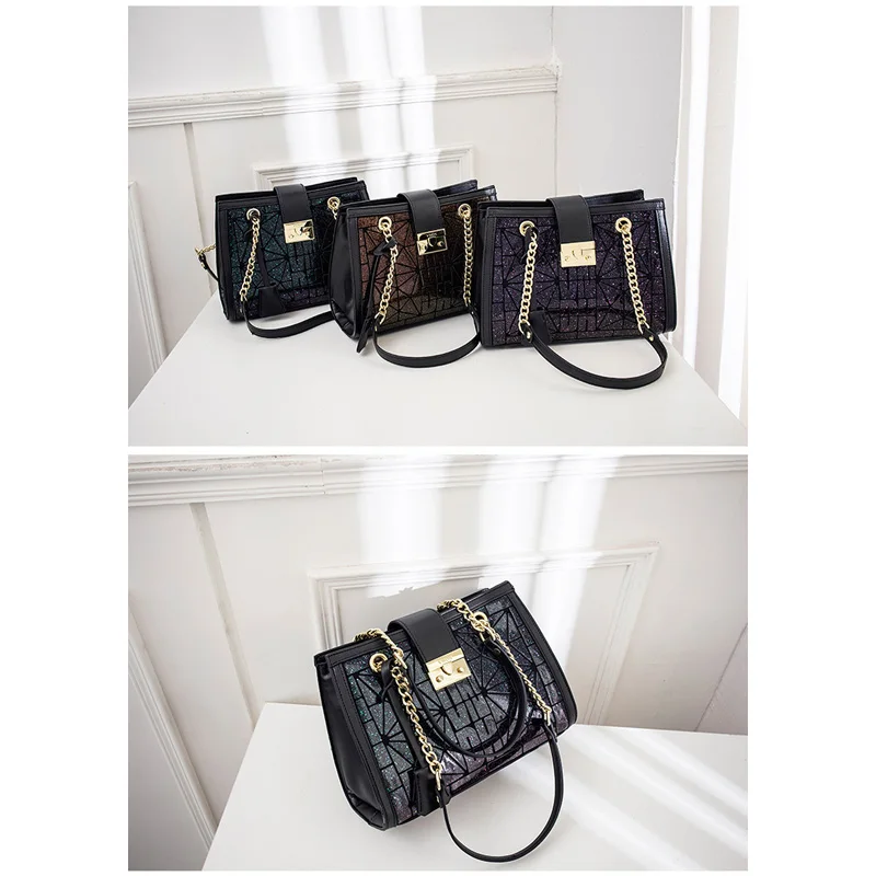 Luminous Geometric Women Chain Bags Fashion holographic Folding Female Handbags Diamond Lattice PU Designer Ladies Shoulder Bag