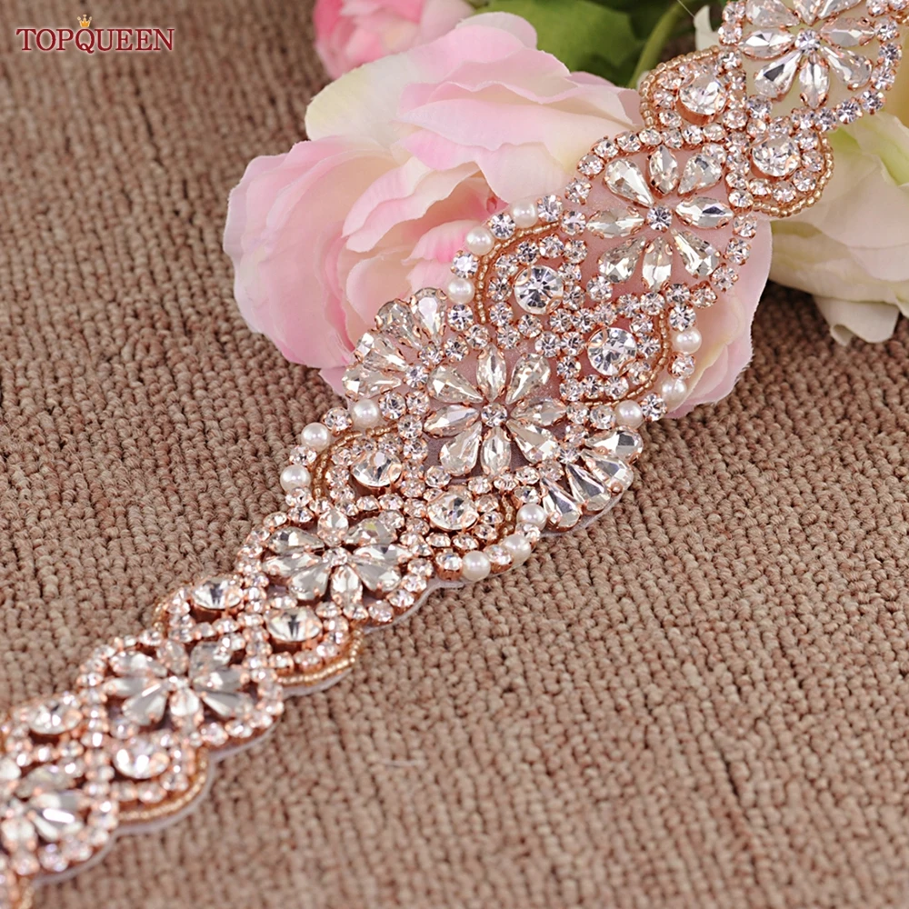 TOPQUEEN S161B-RG Bridal Dress Belts Rose Gold Rhinestones Applique Luxury Designer Women Evening Party Sash Wedding Accessories