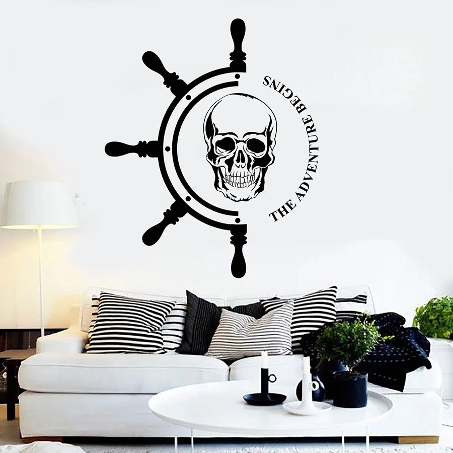 Skull Wall Decal The Adventure Begins Ship Steering Wheel Nautical Pirates Vinyl Sticker Art Sailor Mural For Teen Bedroom S1344