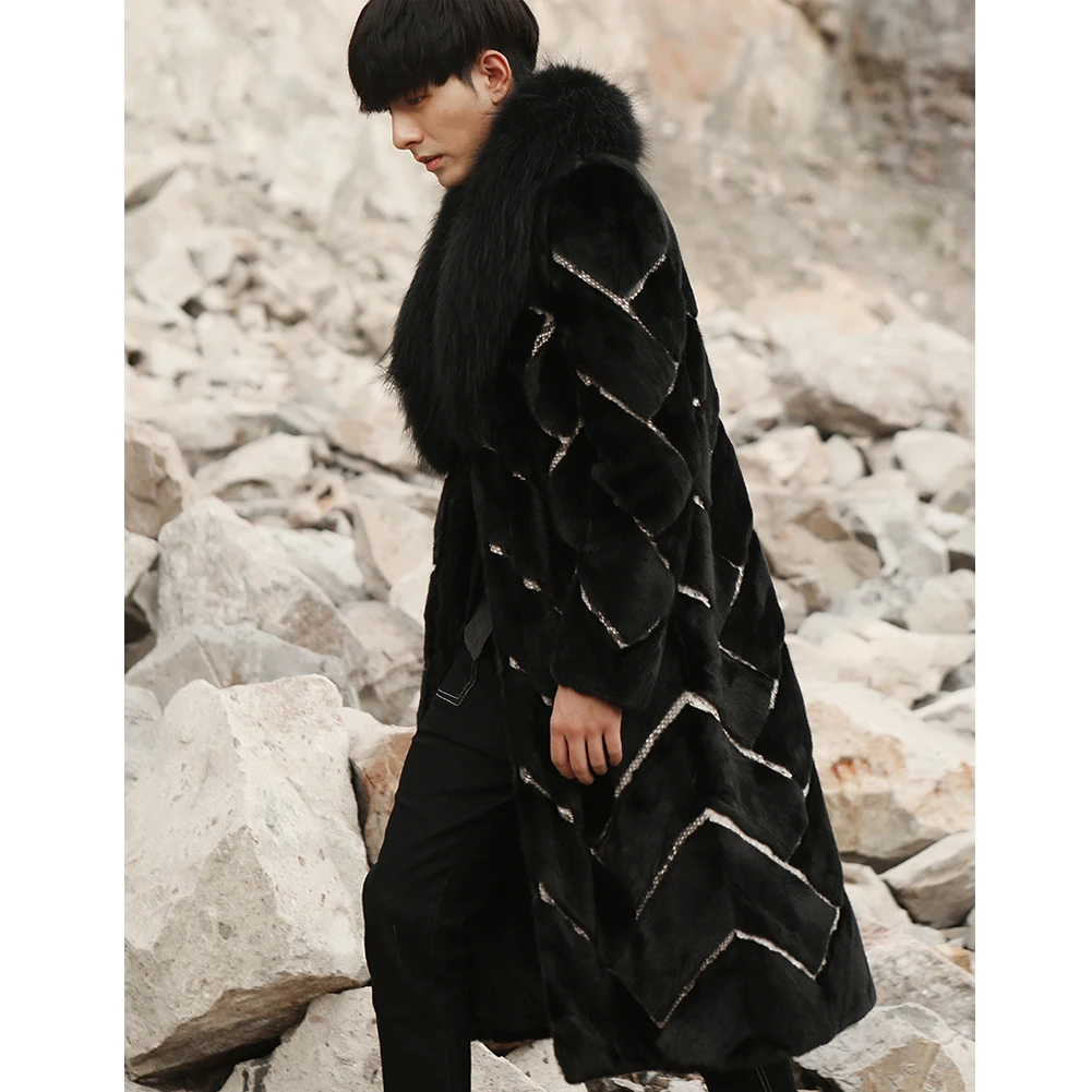 2019 New Imported Mens Black Mink Fur Coat Python Skin Fur Jacket Long Mens Winter Coats Trench Coat