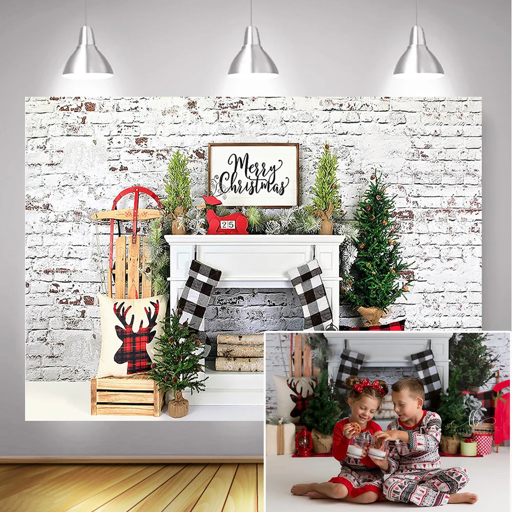 Merry Christmas Background Winter Vintage Brick Wall Photo Backdrop Christmas Trees Fireplace Photography Sock Photocall Props