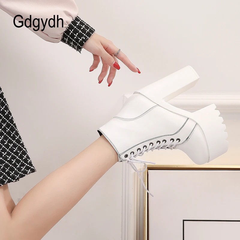 Gdgydh Block Heel Motorcycle Boots Woman High Heels Lace Up Platform Women\'s Ankle Boots  with Zipper White Wedding Shoes