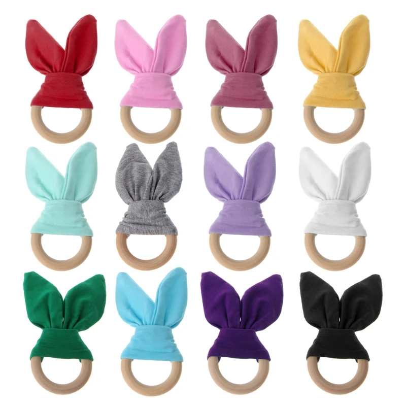 Bunny Ear Teether Fabric Wooden Teething Ring With Crinkle Material Shower Gift