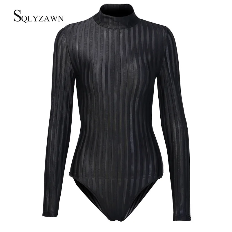 Striped Mesh Bodysuit Women 2020 Summer Sexy Transparent Slim Party Jumpsuit Short See Through Long Sleeve Turtleneck Bodysuits