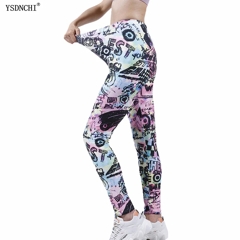 YSDNCHI Frauen Brief Graffiti Gedruckt Workout Leggings Sexy Kleidung Jeggings Fitness Leggins Elastische Hosen