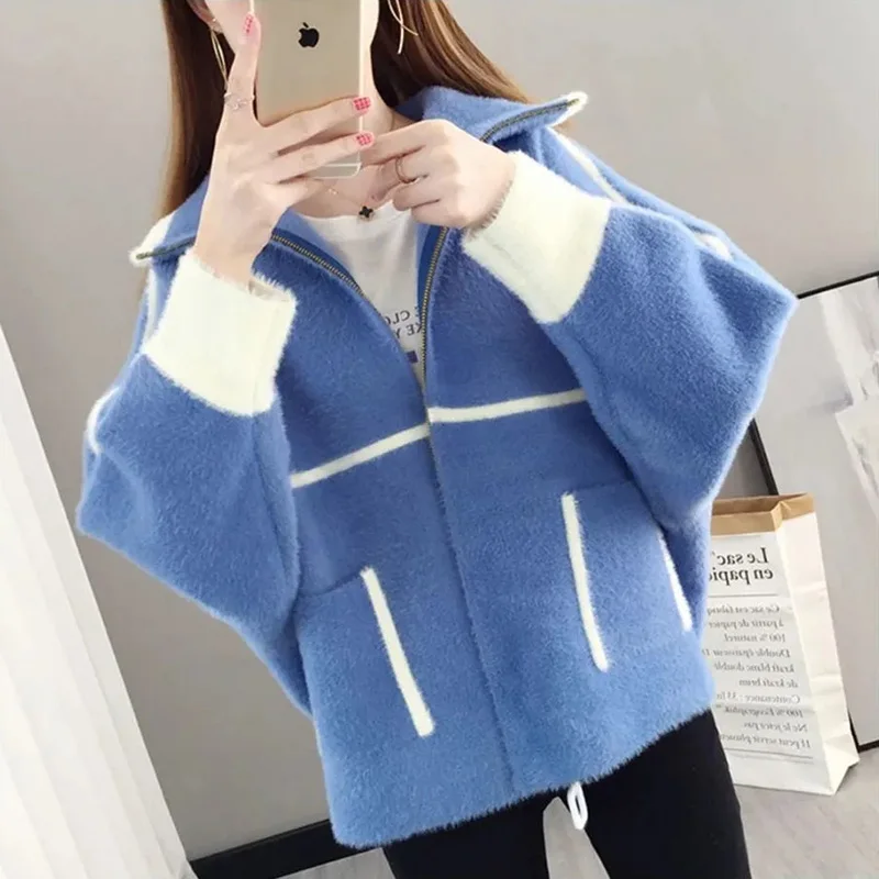 2022 Autumn Winter New Women\'s Short Coat Mink fleece Sweater Cardigan Women Korean Zipper Knitted Jacket Overcoat Abrigo Mujer