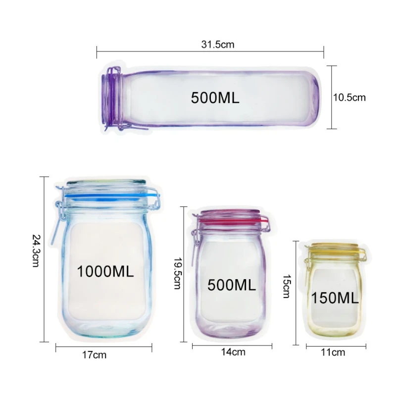 Reusable Mason Jar Bottles Nuts Cookies Zipper Seal Food Storage Bags Snacks Kitchen Freezer Organizer Portable Travel Ziplock