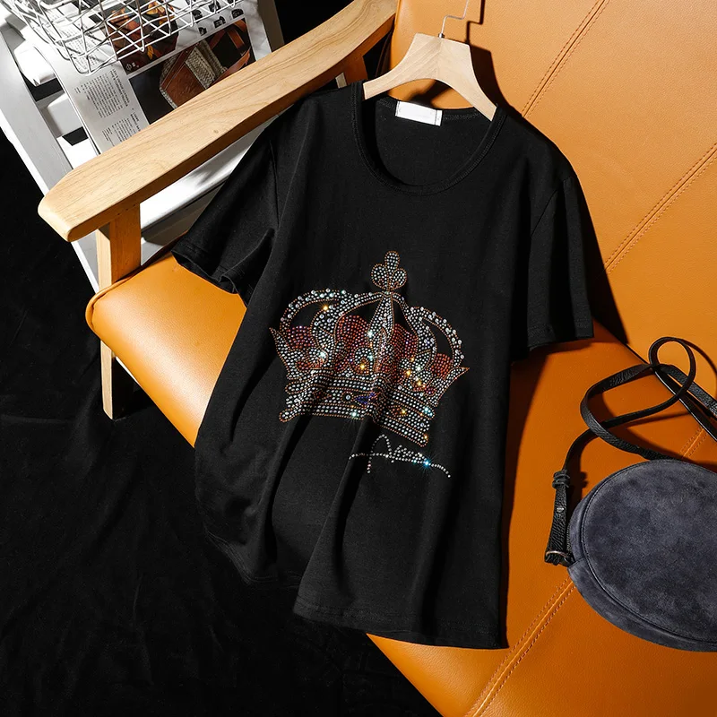 Summer Street leisure style short sleeve T-shirt female 2021 new crown hot diamonds loose Round neck black hot drill women tops