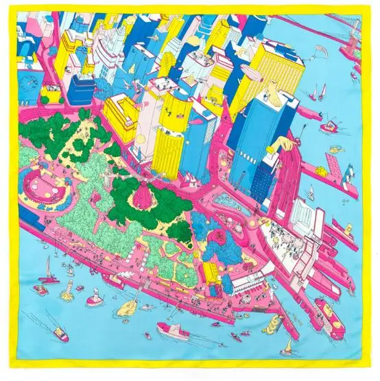 

90 CM Manual Hand Rolled Twill Silk Scarf Women Flourishing City Print Square Scarves Echarpes Foulards Femme Wrap Bandana Hijab