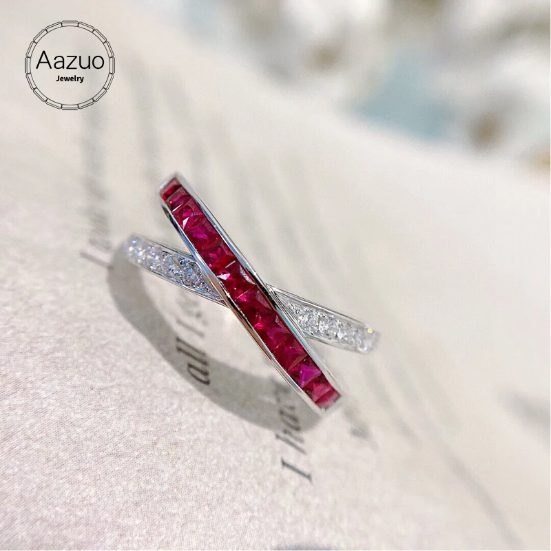 

Aazuo 18K Solid White Gold Natural Square Ruby Real Diamonds Classic Overlapping Line Ring for Women Senior Banquet Party